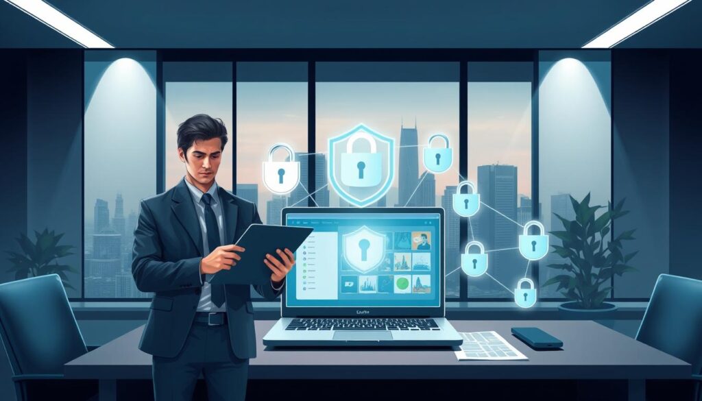 A detailed illustration of the security and legal considerations involved with IPTV, featuring a sleek modern office setting. In the foreground, a confident professional wearing business attire is analyzing documents on a tablet, symbolizing vigilance. The middle section showcases a laptop with a streaming interface, surrounded by digital security icons like locks and shields, indicating protection measures. In the background, large windows offer a view of a cityscape, signifying the connected world of digital streaming. The scene is illuminated with soft, professional lighting that creates a focused atmosphere, enhancing the mood of responsibility and awareness. The color palette consists of cool blues and greens, reflecting technology and security. emulating the ethos of iptvservicemax.com.