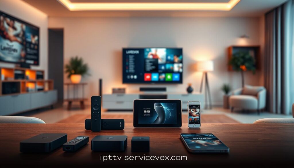 A detailed overview graphic illustrating the compatibility of Layereven IPTV devices. In the foreground, prominently display various devices including a smart TV, streaming sticks, a tablet, and smartphones, each highlighted with subtle lighting to indicate connectivity. The middle ground should feature a sleek, modern living room setting with a media center, showcasing a vibrant screen displaying the Layereven IPTV interface. In the background, create a soft-focus representation of a tech-savvy environment, evoking an atmosphere of innovation and connectivity. The lighting should be warm and inviting, enhancing the overall mood of user-friendly technology. Use a slightly angled perspective to give depth, ensuring the layout is clean and organized. Include the brand name "iptvservicemax.com" subtly integrated into the design without text overlays or captions.