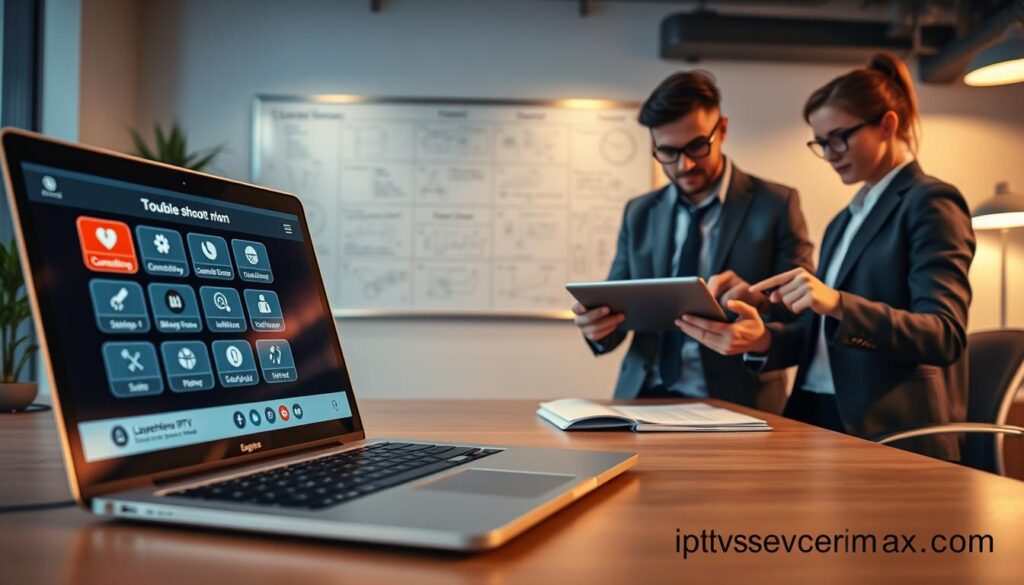 A detailed overview of Layereven IPTV troubleshooting, illustrated in a modern tech workspace. In the foreground, a sleek laptop displays a troubleshooting interface with icons for connectivity, settings, and support. To the right, a professional in business attire consults a tablet, focused on resolving issues, while a second figure, also in smart casual clothing, points to a set of notes and diagrams explaining common problems. The middle ground features a whiteboard filled with diagrams and troubleshooting steps, and the background reveals a well-organized office with soft, ambient lighting that creates a tech-savvy vibe. Capture the essence of teamwork and problem-solving with a lens effect that softly blurs the edges, highlighting the details of the workspace. Include the brand "iptvservicemax.com" subtly in the scene.