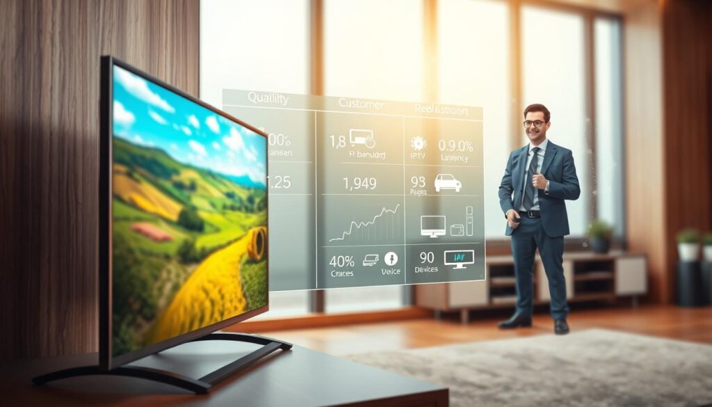 A detailed, professional illustration depicting the quality factors of IPTV service over time. In the foreground, a sleek modern TV displaying a vibrant landscape of streaming channels with indicators of buffering and resolution. In the middle, a semi-transparent layer showing key quality factors such as bandwidth, latency, and device compatibility, represented through dynamic graphs and icons. The background features a customer support visualization with a friendly representative in smart professional attire, ready to assist, combined with digital network elements symbolizing connection stability. The lighting is bright and inviting, emphasizing clarity and professionalism, captured in a slight bird's-eye view angle to provide depth. The overall atmosphere is informative and engaging, reinforcing the theme of reliable streaming. Include the brand name "iptvservicemax.com" subtly in the design.