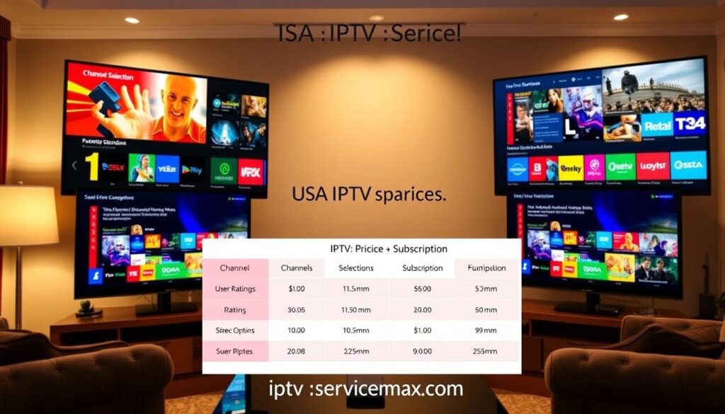 A detailed side-by-side comparison of top USA IPTV services, featuring two sleek, modern television screens displaying different user interfaces. In the foreground, each screen should show vibrant, colorful graphics, highlighting unique features like channel selection, user ratings, and streaming quality. In the middle ground, include a stylish, minimalistic infographic comparing pricing and subscription options, using bold colors and clear iconography. The background should be a warm, inviting living room setting with soft ambient lighting, giving a cozy atmosphere. Position the scene at a slightly elevated angle to capture all elements harmoniously. Ensure the overall mood is professional and informative, without any text, logos, or distractions. Include the brand name "iptvservicemax.com" subtly integrated into the design.
