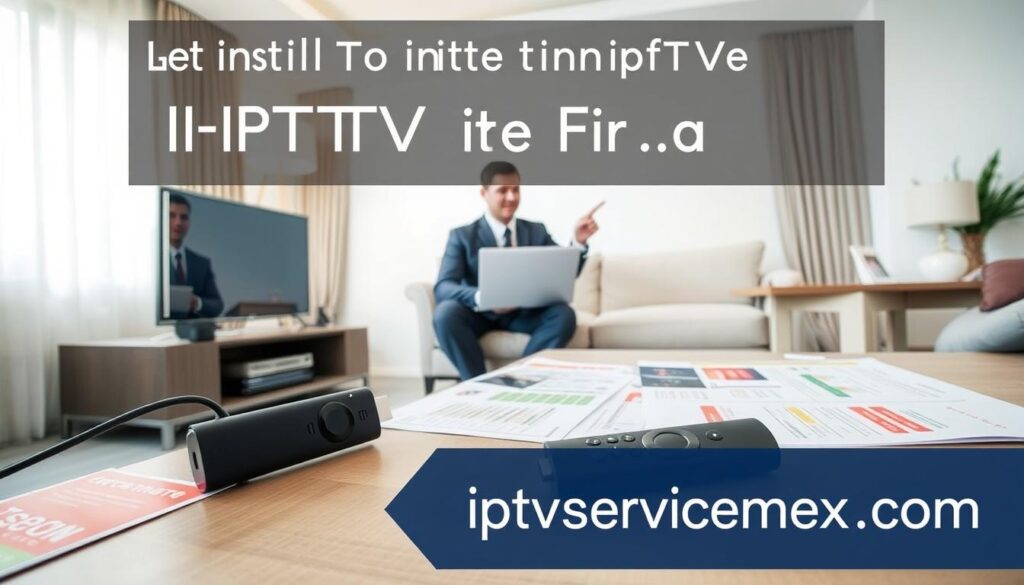 A detailed step-by-step guide to installing IPTV on a Firestick, featuring a well-lit, modern living room as the backdrop. In the foreground, an angled view of a stylish TV stand showcases the Firestick plugged into a smart TV, with a clear focus on the device and remote control. Surrounding the setup, there are colorful, neatly arranged instructional materials laid out, such as diagrams and charts illustrating the installation steps. The middle layer includes a professional person dressed in casual business attire, demonstrating the installation process on a laptop, pointing to the screen with a focused expression. Soft natural lighting from a nearby window creates an inviting atmosphere, while the brand name "iptvservicemax.com" is subtly integrated into the visual, enhancing the professional appeal of the guide.