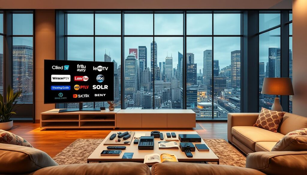 A detailed visualization of the "Current IPTV Market Overview in the United States." In the foreground, a modern living room featuring a sleek flat-screen TV displaying various IPTV service logos, including "iptvservicemax.com." In the middle, a stylish coffee table cluttered with smart devices, remote controls, and a streaming guide, suggesting a vibrant viewing lifestyle. The background displays large windows revealing a bustling city skyline, symbolizing the advanced technology and connectivity of urban life. Soft, warm lighting creates a cozy, inviting atmosphere, enhancing the feeling of comfort associated with home streaming. The composition should be shot from a wide angle, emphasizing the space’s openness while keeping the focus on the IPTV elements, evoking a sense of innovation and accessibility.