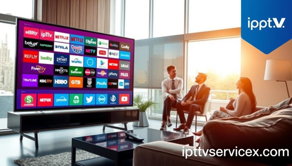 A dynamic and visually appealing representation of the top IPTV providers in the U.S., featuring a sleek modern living room setting in the foreground. A large flat-screen TV displays a vibrant grid of logos from various IPTV services, with a stylish remote control on a coffee table. In the middle ground, a diverse group of three adults, dressed in professional business attire, engage in a lively discussion about their favorite streaming services. In the background, large windows let in warm, natural light, enhancing the inviting atmosphere. The overall mood is energetic and informative, illustrating a contemporary lifestyle focused on entertainment options. In the corner, subtly integrated, the brand name "iptvservicemax.com" appears as part of the decor, without dominating the image.