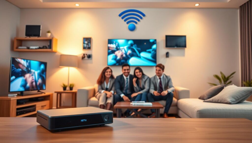 A dynamic digital landscape illustrating the concept of "Avoid Buffering and Throttling in Streaming." In the foreground, showcase a sleek streaming device with a glowing screen displaying vibrant, uninterrupted content. In the middle, depict a diverse group of individuals, all dressed in professional business attire, gathered around a modern living room setup, eagerly enjoying their smooth streaming experience. The background features a wall adorned with various multimedia devices and a Wi-Fi router symbolizing robust connectivity. Soft, warm lighting creates a cozy atmosphere, emphasizing comfort and enjoyment. The scene conveys an overall sense of satisfaction and ease, free from interruptions. Incorporate the brand name "iptvservicemax.com" subtly into the design.