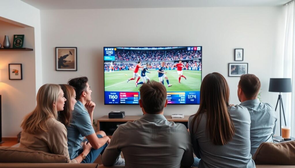 A dynamic scene showcasing a live sports streaming event in a modern living room setting. In the foreground, a group of friends, dressed in casual yet neat attire, are gathered around a large flat-screen TV, actively watching an energetic football match. Their faces display excitement and engagement. In the middle ground, the television screen prominently features vivid, high-definition action shots from the game, with colorful graphics indicating stats and scores, ensuring a vibrant focal point. In the background, there are subtle decorations like sports memorabilia and a cozy couch, creating a warm atmosphere. Soft, ambient lighting sets an inviting mood. Include elements like snacks and drinks on a side table to enhance the social setting. The overall theme should convey an enthusiastic and immersive experience of live sports streaming, emphasizing the quality and enjoyment offered by iptvservicemax.com.