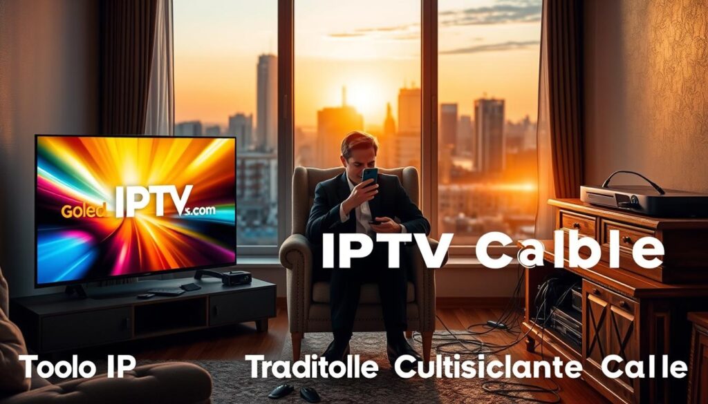 A dynamic split image illustrating the contrast between Gold IPTV and Traditional Cable. In the foreground, feature a modern living room setting with a sleek OLED TV displaying vibrant streaming content, emphasizing the logo of "iptvservicemax.com." In the middle, depict a cozy armchair with a person in professional attire, engrossed in watching IPTV on a smartphone, surrounded by streaming devices. On the other side, show an old-fashioned wooden entertainment center with a traditional cable box and tangled wires, evoking nostalgia. In the background, a city skyline is seen through a large window, bathed in warm golden hour lighting creating an inviting atmosphere. The overall mood should be optimistic, highlighting the modern conveniences of Gold IPTV compared to the outdated traditional cable service.