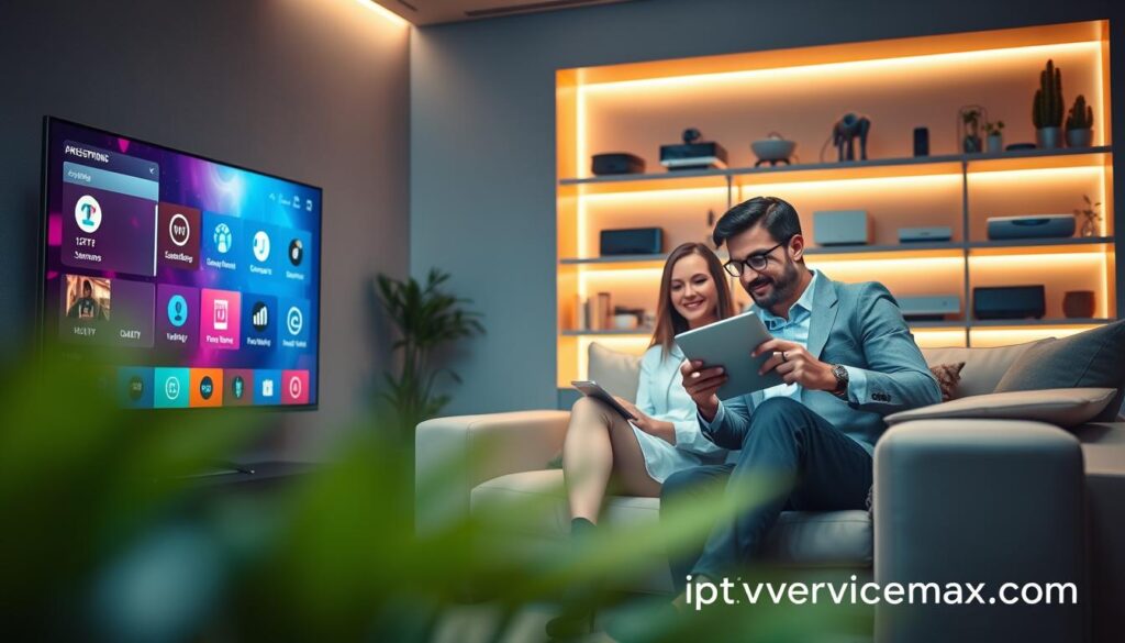 A futuristic living room scene that showcases the key features for evaluating IPTV subscriptions. In the foreground, a smart TV displays a vibrant user interface with various streaming options, accompanied by icons symbolizing quality, variety, and cost-efficiency. In the middle, a couple dressed in professional attire sits comfortably on a contemporary couch, engaged in thoughtful discussion while using a tablet to compare subscription options. The background features a sleek shelf lined with tech gadgets and smart home devices, bathed in warm, ambient lighting that creates an inviting atmosphere. The lens focuses sharply on the couple, with a soft blur of the background, enhancing the mood of sophistication and modern convenience. Include subtle branding elements of "iptvservicemax.com" integrated into the decor, reflecting a tech-savvy environment.