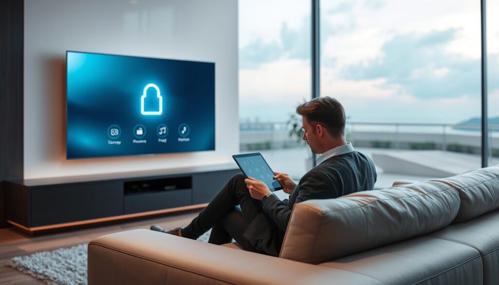 A futuristic living room setting showcasing a sleek home entertainment system with a large TV displaying icons representing security and privacy features associated with ittechbasics iptv. In the foreground, a professional-looking person dressed in business casual attire is sitting comfortably on a modern sofa, attentively browsing through the IPTV interface on a tablet. Soft ambient lighting creates a warm and inviting atmosphere, while subtle shadows enhance the depth of the scene. In the background, a large window shows a serene landscape outside, symbolizing freedom and privacy. A digital lock icon glows gently on the TV screen, emphasizing the theme of security. The overall mood is one of confidence and reassurance, illustrating a secure streaming experience with iptvservicemax.com.