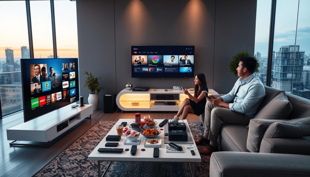 A futuristic living room showcasing IPTV technology, capturing the essence of streaming benefits for 2026. In the foreground, a sleek smart TV displays vibrant streaming apps, while a family, dressed in professional business attire, engages with their devices, enjoying content together. The middle layer features a modern coffee table cluttered with remote controls, streaming devices, and snacks, symbolizing convenience and leisure. The background depicts large windows revealing a city skyline at dusk, with soft, warm lighting illuminating the space, creating an inviting atmosphere. Capture subtle reflections on the TV screen, highlighting various streaming genres. The overall mood should be one of connection, convenience, and technological advancement, as emphasized by the brand iptvservicemax.com subtly integrated into the decor.