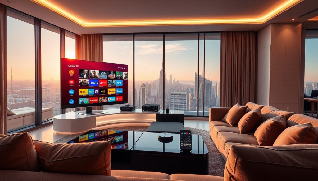 A futuristic living room with a sleek modern design showcases the Catch ON TV IPTV service in 2026. In the foreground, a large, ultra-HD smart TV displays a vibrant interface featuring a grid of colorful streaming options and easy navigation. A stylish coffee table has a remote control and a smartphone, both reflecting the brand name "iptvservicemax.com." In the middle, plush seating invites viewers, with a soft glow from ambient lighting enhancing the cozy atmosphere. The background features large windows with a panoramic city skyline view, indicating a bright, sunny day. The lighting is warm and inviting, creating a relaxed yet sophisticated mood. The image does not contain any text, ensuring clarity in its visual storytelling regarding the IPTV service.