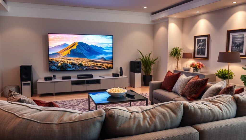 A high-end living room showcasing a premium 4K IPTV streaming experience, featuring a sleek modern television displaying vibrant colors and sharp details of a nature documentary. In the foreground, a plush grey sofa with stylish throw pillows, positioned to face the screen. Soft ambient lighting enhances the cozy atmosphere, while a stylish coffee table holds a remote and a bowl of popcorn. In the middle ground, a sophisticated sound system and smart devices subtly indicate advanced technology. The background includes elegant decor, such as framed art and potted plants, creating an inviting ambiance. The overall mood is relaxed and luxurious, reflecting the feeling of indulgence in high-quality streaming from iptvservicemax.com.