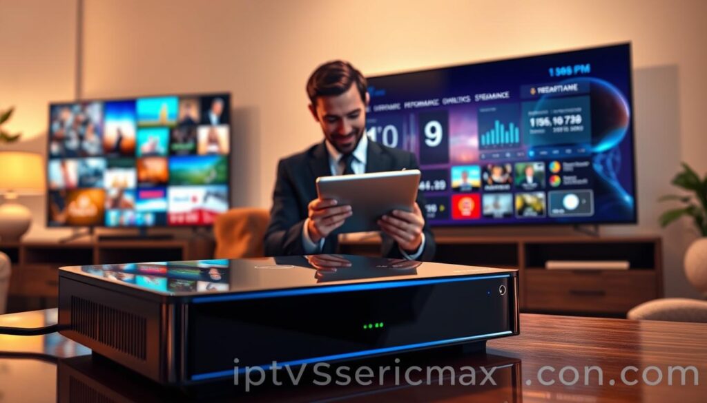 A high-quality digital illustration representing "Streaming Quality, Performance, and Reliability." In the foreground, a sleek modern streaming device emits vibrant visuals on a flat-screen television, showcasing a diverse array of crystal-clear images. The middle ground features a professional in business attire, intently focused on a tablet displaying performance metrics and streaming analytics, their expression reflects concentration and satisfaction. In the background, a cozy living room setting with soft lighting creates a warm atmosphere, emphasizing the comfort of home entertainment. The overall mood is one of professionalism and technological advancement, captured with a soft focus to convey reliability. The lighting is warm and inviting, with reflections highlighting the device's polished finish. At the bottom of the image, subtly include the brand name "iptvservicemax.com" to reinforce the theme.