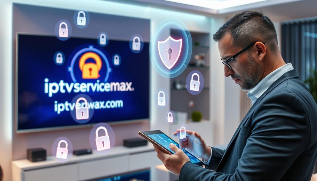 A high-tech digital environment featuring a sleek TV screen displaying the logo "iptvservicemax.com" surrounded by visual elements symbolizing security and privacy. In the foreground, a professional person in business attire is analyzing data on a digital tablet, focused and concerned, with an expression of concentration. In the middle ground, vibrant holographic icons representing cybersecurity, such as locks and shields, float around, symbolizing safety and protection. The background showcases a futuristic living room with soft, ambient lighting, emphasizing a sense of comfort and security. The atmosphere conveys a serious but optimistic mood, highlighting the balance between enjoying digital content and maintaining privacy. The overall composition is framed from a slightly elevated angle, enhancing the technology theme.