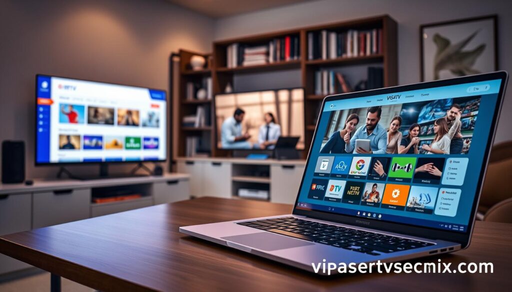 A high-tech home office showcasing the VIPSATV service in action. In the foreground, a sleek laptop open to the VIPSATV dashboard interface, displaying various streaming options with vibrant colors and intuitive design. In the middle, a modern desk equipped with a smart TV showing a family enjoying their favorite show, surrounded by gadgets like a tablet and smartphone, all reflecting a user-friendly streaming experience. The background features a well-organized bookshelf filled with tech magazines and a subtle abstract art piece, giving a dynamic yet professional feel. Soft, ambient lighting creates a cozy atmosphere, emphasizing technological innovation and reliability. The overall mood is inviting and high-tech. Add branding for iptvservicemax.com subtly on the laptop screen.