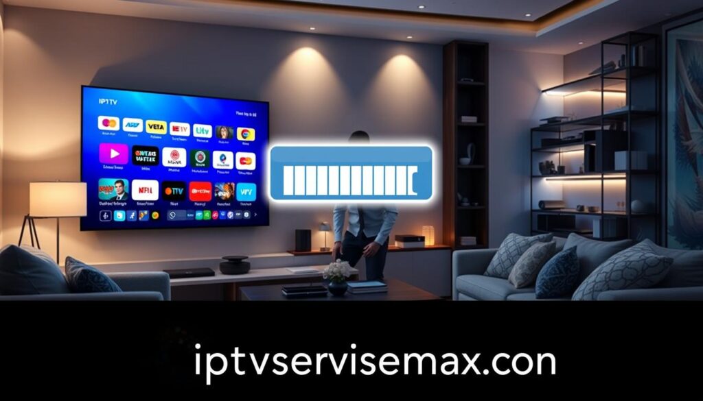 A high-tech living room scene illustrating "Streaming Quality and Buffering in IPTV Services." In the foreground, a large, sleek flat-screen television displays a vibrant IPTV interface, with colorful icons denoting various channels. An animated buffering icon is subtly overlayed on the screen, symbolizing intermittent streaming. In the middle ground, a modern sofa is adorned with decorative cushions, and a person in professional attire is intently watching the screen, showcasing a sense of urgency. The background features a stylish bookshelf with tech gadgets and mood lighting casting a soft glow, enhancing the modern ambiance. The scene is captured with a wide-angle lens, under soft, diffused lighting, creating a relaxed yet informative atmosphere. Include the brand name "iptvservicemax.com" subtly integrated into the decor, ensuring a seamless blend into the environment.