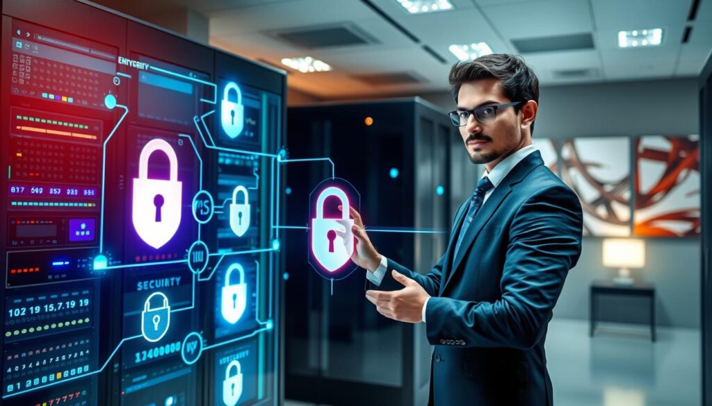 A high-tech, secure server room with gleaming servers and advanced monitors, showcasing a vibrant digital interface with padlocks and shields symbolizing security and privacy. In the foreground, a professional-looking individual dressed in business attire is confidently interacting with a transparent touchscreen display, analyzing streaming data. The middle ground features dynamic holographic elements representing encrypted data flows, subtly glowing in shades of blue and green. The background is a sleek, modern workspace with a calming ambiance, featuring soft ambient lighting and abstract tech-themed artwork on the walls, creating a trustworthy atmosphere. The image should convey confidence and reliability, emphasizing robust security protocols in streaming services, highlighting "iptvservicemax.com" as a trusted provider.