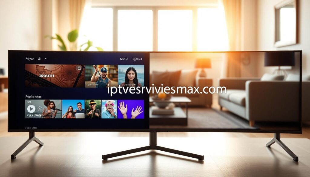 A modern IPTV player interface prominently displayed on a sleek, high-resolution screen in the foreground, featuring vibrant thumbnails of popular streaming channels and a responsive navigation menu. In the middle layer, a stylish living room setting with a cozy sofa and a coffee table, reflecting a relaxing atmosphere. Soft, warm lighting creates an inviting mood, while a window in the background shows a sunny day outside, enhancing the vibrant colors of the room. The overall angle is slightly tilted to emphasize the IPTV player functionality in action. The brand name "iptvservicemax.com" subtly integrated into the interface design, ensuring professionalism. No people are present in the image, maintaining focus on the IPTV technology. A modern IPTV player interface prominently displayed on a sleek, high-resolution screen in the foreground, featuring vibrant thumbnails of popular streaming channels and a responsive navigation menu. In the middle layer, a stylish living room setting with a cozy sofa and a coffee table, reflecting a relaxing atmosphere. Soft, warm lighting creates an inviting mood, while a window in the background shows a sunny day outside, enhancing the vibrant colors of the room. The overall angle is slightly tilted to emphasize the IPTV player functionality in action. The brand name "iptvservicemax.com" subtly integrated into the interface design, ensuring professionalism. No people are present in the image, maintaining focus on the IPTV technology.