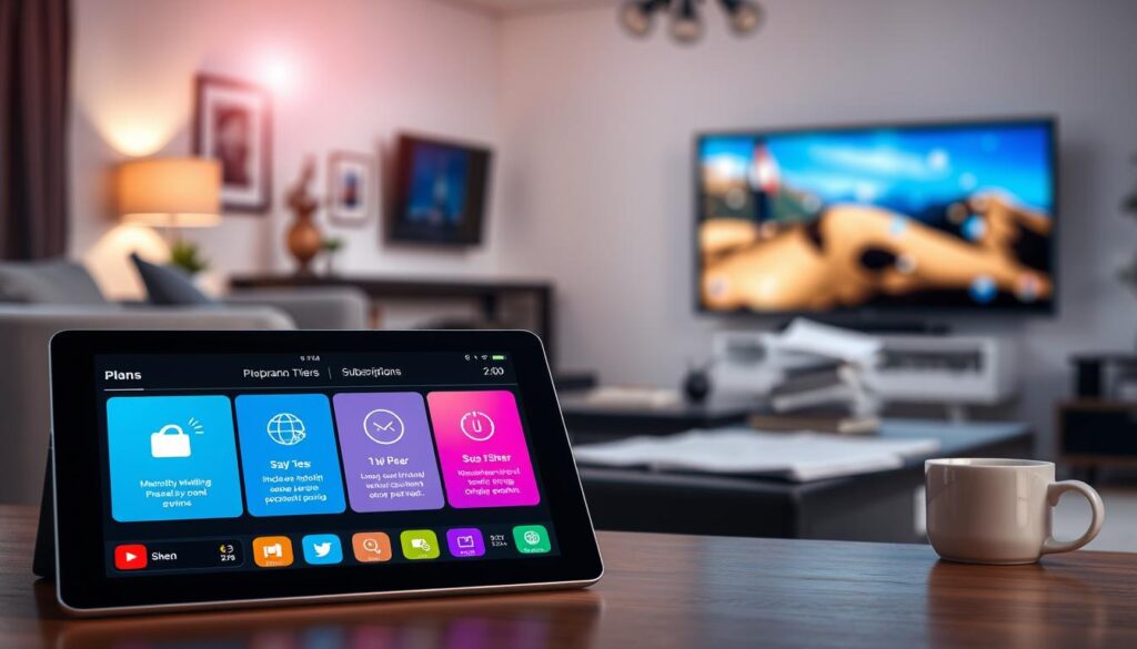 A modern and informative representation of "iptvservicemax.com" subscription plans and pricing for IPTV services. In the foreground, display an elegant tablet or laptop screen showcasing colorful graphics and icons that represent different subscription tiers, highlighting flexibility and value. In the middle ground, include a stylish and organized workspace, featuring neatly arranged documents and a coffee mug to convey a productive atmosphere. The background should depict a soft-focus living room with cozy furnishings and a large TV, creating a warm and inviting ambiance for streaming. Utilize soft, natural lighting with a slight lens flare to evoke a sense of warmth and clarity. The overall mood should be one of professionalism and comfort, emphasizing the appeal of IPTV for diverse viewers.