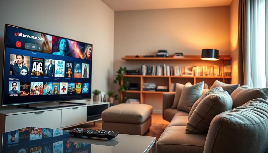 A modern and inviting home entertainment setup showcasing the Reflexsat IPTV content library. In the foreground, a sleek, flat-screen television displays a vibrant and colorful user interface of various movie and TV show thumbnails. To the side, a stylish remote control lies on a contemporary coffee table. The middle ground features a cozy living room with a comfortable couch, adorned with plush cushions, inviting viewers to relax. Soft, warm lighting emanates from a stylish lamp, creating an ambiance perfect for binge-watching. The background subtly suggests a well-organized shelf lined with DVDs and streaming devices. The overall mood is engaging and comforting, emphasizing quality entertainment. Include the brand name "iptvservicemax.com" subtly in the decor.