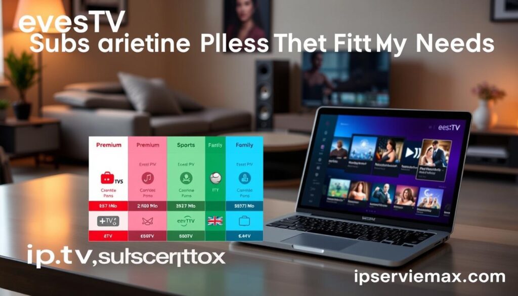 A modern and sleek digital representation of "evesTV IPTV subscription plans" for an article section titled "Subscription Plans That Fit My Needs." In the foreground, showcase a vibrant, colorful infographic displaying various subscription tiers with distinct icons for each plan, emphasizing visuals like premium channels, sports, and family content. In the middle ground, include a stylish laptop open to the evesTV interface, illustrating a dynamic streaming experience. The background features a cozy living room setting, subtly lit with warm, inviting tones—it has a comfortable couch and a TV unit. Use soft lighting to create an inviting atmosphere, with a shallow depth of field to keep the focus on the subscription plans. Emphasize professionalism and clarity in the design while incorporating the brand name "iptvservicemax.com" seamlessly within the image.