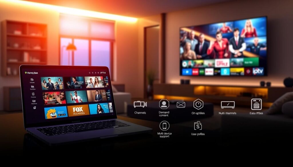 A modern and sleek digital workspace showcasing the features of Honey Bee IPTV in 2024. In the foreground, an illuminated laptop displays a user-friendly interface with vibrant thumbnails of channels and easy navigation options. Beside it, a high-quality tablet shows a live streaming feature. The middle ground features icons representing various IPTV features like on-demand content, multi-device support, and user profiles, all arranged in a visually appealing layout. The background includes a stylish living room setting with a large flat-screen TV displaying dynamic content from Honey Bee IPTV, bathed in soft ambient lighting. The atmosphere feels engaging and contemporary, emphasizing a seamless streaming experience. The scene captures the essence of innovation and convenience in modern entertainment, while subtly integrating the brand name "iptvservicemax.com".