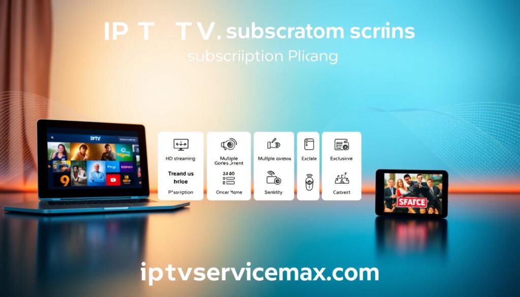 A modern and visually appealing infographic depicting IPTV trends in pricing and subscription plans. The foreground showcases a sleek tablet or laptop displaying vibrant streaming content. In the middle, incorporate a variety of subscription plans illustrated with distinct icons representing features like HD streaming, multiple screens, and exclusive content. The background features a soft gradient of blue and green tones that suggests a digital atmosphere, with abstract wave patterns symbolizing streaming data. Warm, ambient lighting gives the image a professional feel while maintaining a welcoming tone. Ensure that the devices and graphics reflect a contemporary design aesthetic, and include the brand name "iptvservicemax.com" subtly integrated into the layout, ensuring a cohesive and informative representation of modern IPTV services.