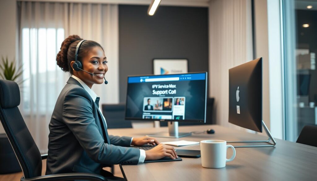 A modern, cozy customer support office scene showcasing a friendly customer support agent assisting a client via a computer. The foreground features a diverse support agent dressed in professional business attire, exuding professionalism and approachability. In the middle, a sleek desk with a computer displaying the iptvservicemax.com website, alongside a notepad and a coffee mug, conveys a dedicated work environment. The background includes lighting that creates a warm, inviting atmosphere, with soft overhead lights and natural light coming through a window. The overall mood is one of reliability and efficiency, illustrating a seamless customer support experience with tvplans iptv. A modern, cozy customer support office scene showcasing a friendly customer support agent assisting a client via a computer. The foreground features a diverse support agent dressed in professional business attire, exuding professionalism and approachability. In the middle, a sleek desk with a computer displaying the iptvservicemax.com website, alongside a notepad and a coffee mug, conveys a dedicated work environment. The background includes lighting that creates a warm, inviting atmosphere, with soft overhead lights and natural light coming through a window. The overall mood is one of reliability and efficiency, illustrating a seamless customer support experience with tvplans iptv.