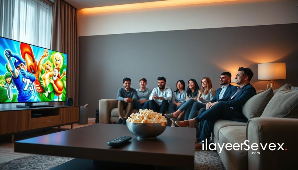 A modern, cozy living room designed for streaming, with a large flat-screen TV displaying vibrant, high-definition content indicative of Layerseven IPTV's superior quality. In the foreground, a sleek coffee table holds a remote control and a bowl of popcorn, suggesting comfort during viewing. The middle section features a plush sofa occupied by a diverse group of individuals dressed in smart casual attire, engaged and enjoying the streaming experience. The background reveals soft, ambient lighting from stylish lamps, creating an inviting atmosphere. A window lets in warm, natural light, enhancing the cozy feel. Capture this scene with a slightly low angle to emphasize the impressive screen and the joyful expressions of the viewers, while branding elements subtly reference "iptvservicemax.com" in a tasteful manner.