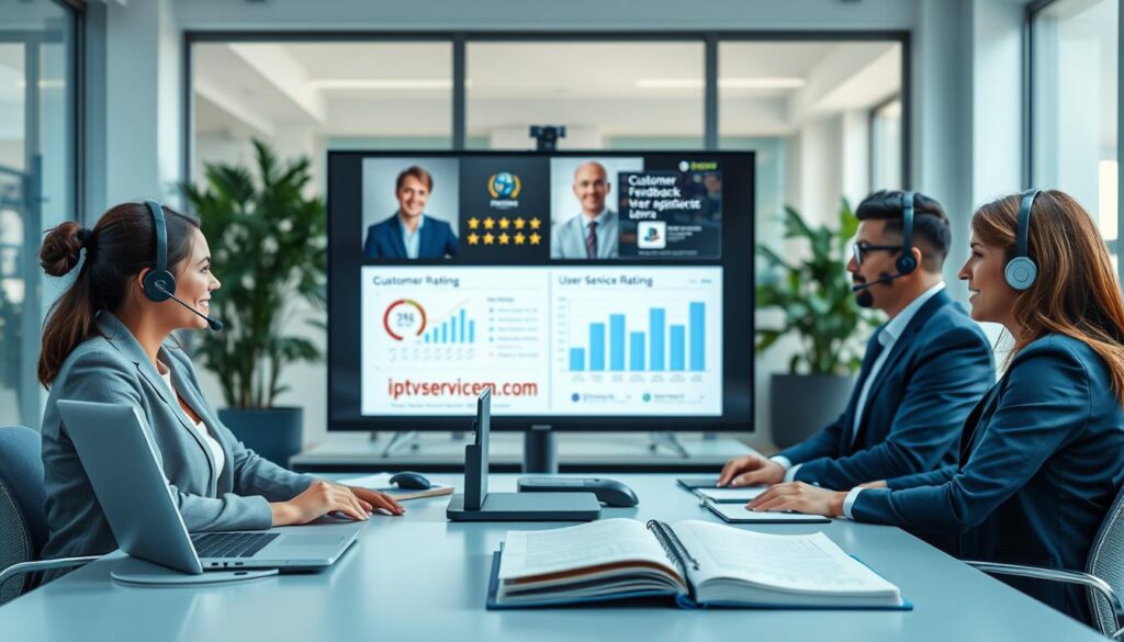 A modern customer support center focused on IPTV services, featuring a diverse group of three professional staff members in business attire engaged in a video call with a customer on a large screen. In the foreground, a sleek desk with a headset, a laptop displaying user feedback data, and an open notepad filled with notes. In the middle background, a digital display showcasing customer ratings and satisfaction graphs, emphasizing user insights. The background features a bright and organized workspace with calming blue tones, large windows allowing soft natural light to filter in, creating an optimistic and productive atmosphere. Highlight the brand "iptvservicemax.com" subtly on a digital screen in the office setup to unify the theme.