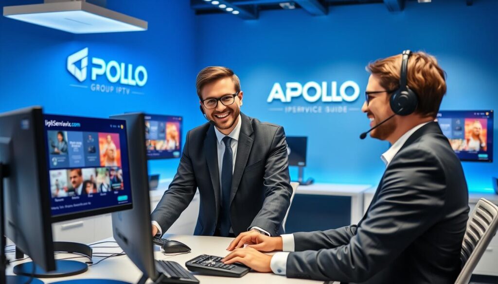 A modern customer support center for Apollo Group IPTV, featuring a professional customer support agent in smart business attire, assisting a satisfied customer via a headset. The foreground showcases the agent attentively engaging with the customer on a sleek modern computer, while the middle ground includes a clean, well-organized office space filled with tech gadgets like monitors displaying IPTV options and helpful guides. The background features a calming blue wall adorned with the Apollo Group IPTV logo and branding. Soft overhead lighting creates a welcoming atmosphere, and a slight angle captures the interaction, emphasizing support and reliability. The scene conveys a mood of professionalism and trust. Include the brand name “iptvservicemax.com” discreetly in one of the monitors displayed.