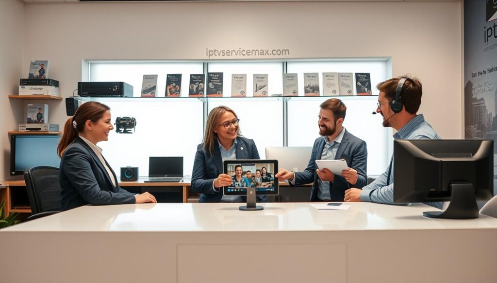A modern customer support room with a focus on IPTV services. In the foreground, a diverse group of three professionals in business attire—an experienced customer support representative, a satisfied customer, and a technician—are engaged in a friendly conversation at a sleek, well-lit desk. The representative is demonstrating the IPTV service on a tablet, showcasing its features. In the middle ground, shelves display IPTV equipment, user manuals, and branded materials from iptvservicemax.com, conveying professionalism and reliability. The background features a large window with soft, natural light illuminating the space, creating a welcoming atmosphere. The overall mood is collaborative and positive, emphasizing excellent customer service and a commitment to quality entertainment. The perspective is slightly elevated, capturing the interaction from an inviting angle.