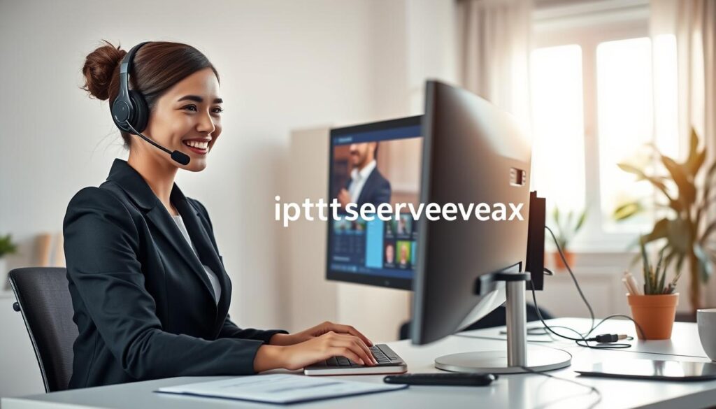 A modern customer support scene for IPTV services, focusing on a professional representative assisting a customer via a computer. In the foreground, depict a young woman in smart business attire, smiling and engaging with a headset on, as she navigates a user-friendly IPTV interface on her screen. In the middle ground, include a desktop with an organized workspace, featuring a smartphone and customer support documentation. In the background, visualize a bright, inviting office environment with soft natural light streaming through a window, creating a warm and approachable atmosphere. The setting should convey professionalism and a sense of reliability, emphasizing the importance of customer support. Include the logo "iptvservicemax.com" subtly integrated into the design, ensuring no text overlays. A modern customer support scene for IPTV services, focusing on a professional representative assisting a customer via a computer. In the foreground, depict a young woman in smart business attire, smiling and engaging with a headset on, as she navigates a user-friendly IPTV interface on her screen. In the middle ground, include a desktop with an organized workspace, featuring a smartphone and customer support documentation. In the background, visualize a bright, inviting office environment with soft natural light streaming through a window, creating a warm and approachable atmosphere. The setting should convey professionalism and a sense of reliability, emphasizing the importance of customer support. Include the logo "iptvservicemax.com" subtly integrated into the design, ensuring no text overlays.
