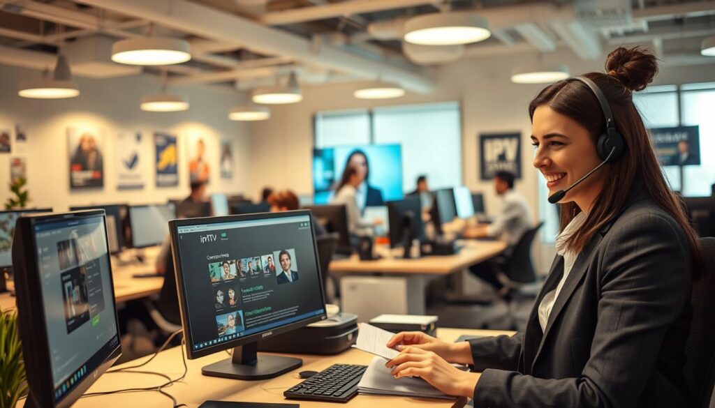A modern customer support scene in an IPTV services office. In the foreground, a friendly customer support agent, a young woman in professional business attire, is speaking on the phone while taking notes. Her desk is cluttered with a computer displaying IPTV service options and customer queries. In the middle ground, another agent assists a concerned customer via video call, with their screen showing an IPTV interface. The background reveals a bright, open-plan office filled with supportive colleagues collaborating at workstations, decorated with IPTV posters and a communal coffee area. The atmosphere is professional yet inviting, with warm lighting that creates a positive mood. The image includes small touches of technology and efficiency. Branding visible on screens shows “iptvservicemax.com”.