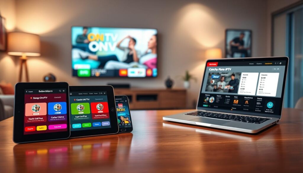 A modern digital display showcasing subscription plans and pricing for "Catch ON TV IPTV". In the foreground, sleek tablets and smartphones present vibrant visuals of different subscription tiers, featuring eye-catching icons for channels and prices. In the middle ground, a polished wooden table holds a high-tech laptop displaying a user-friendly web interface, highlighting payment options and service features. The background features soft-focus images of a cozy living room, equipped with a large TV screen streaming content, creating an inviting atmosphere. Soft, warm lighting illuminates the scene, suggesting a relaxed yet informative mood. The brand name "iptvservicemax.com" is subtly integrated into the design. Use a wide-angle lens effect to capture the full scope of the setup without any text or watermarks.