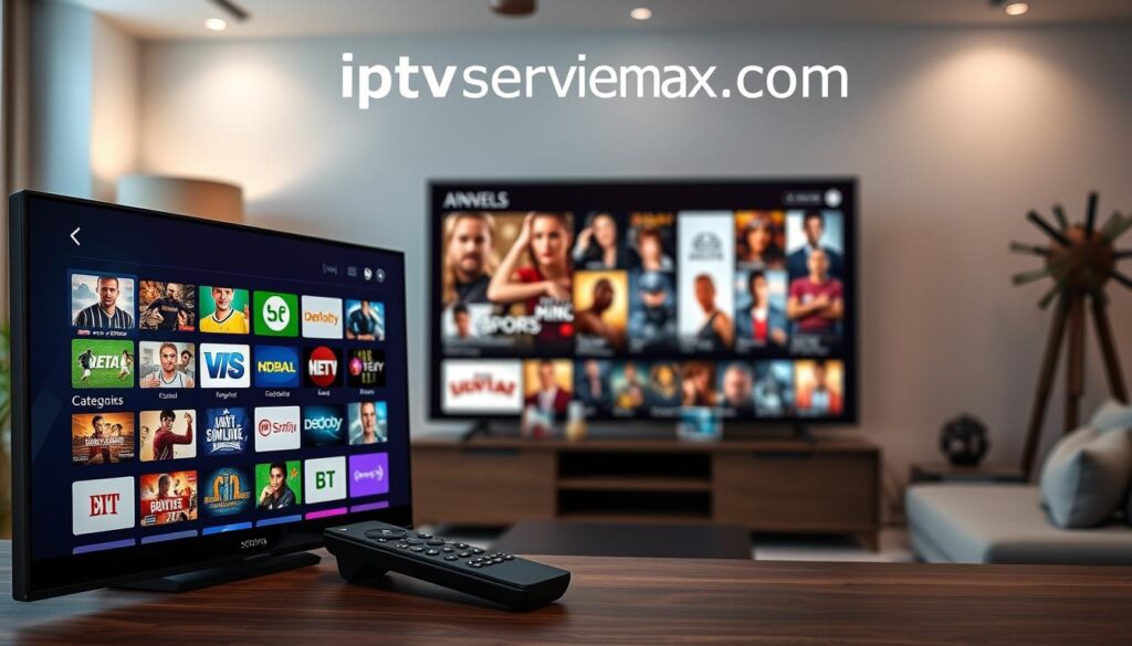 A modern digital landscape showcasing an interactive IPTV interface prominently featuring a variety of channels, including sports and entertainment options. In the foreground, a sleek touchscreen display shows a colorful array of channel thumbnails and genre categories, while a stylish remote control rests beside it. The middle ground highlights a content library filled with dynamic icons of popular shows and films, radiating engaging energy. The background is a cozy living room setup with soft lighting that creates a welcoming atmosphere, possibly with a TV in a thoughtful arrangement. The image conveys a sense of exploration and excitement in streaming choices. Include the brand name "iptvservicemax.com" subtly integrated into the design, without any text overlays. Lens focused on the display, capturing vivid colors and details clearly.