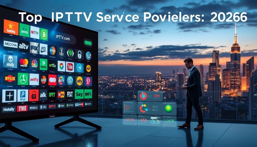 A modern digital landscape showcasing the "Top IPTV Service Providers 2026," featuring a sleek, futuristic design. In the foreground, a large, glowing screen displays icons of popular IPTV services like streaming graphics and logos. The middle ground includes a stylish workspace with a professional individual in a smart casual outfit, engaged in data analysis on a laptop, surrounded by vibrant diagrams and charts outlining service comparisons. In the background, a city skyline is illuminated by the soft glow of evening lights, symbolizing connectivity and innovation in streaming technology. The overall mood is dynamic and informative, captured with dramatic lighting that emphasizes the intricate details of the screen and workspace. The image subtly incorporates the brand name "iptvservicemax.com" into the screen design. A modern digital landscape showcasing the "Top IPTV Service Providers 2026," featuring a sleek, futuristic design. In the foreground, a large, glowing screen displays icons of popular IPTV services like streaming graphics and logos. The middle ground includes a stylish workspace with a professional individual in a smart casual outfit, engaged in data analysis on a laptop, surrounded by vibrant diagrams and charts outlining service comparisons. In the background, a city skyline is illuminated by the soft glow of evening lights, symbolizing connectivity and innovation in streaming technology. The overall mood is dynamic and informative, captured with dramatic lighting that emphasizes the intricate details of the screen and workspace. The image subtly incorporates the brand name "iptvservicemax.com" into the screen design.