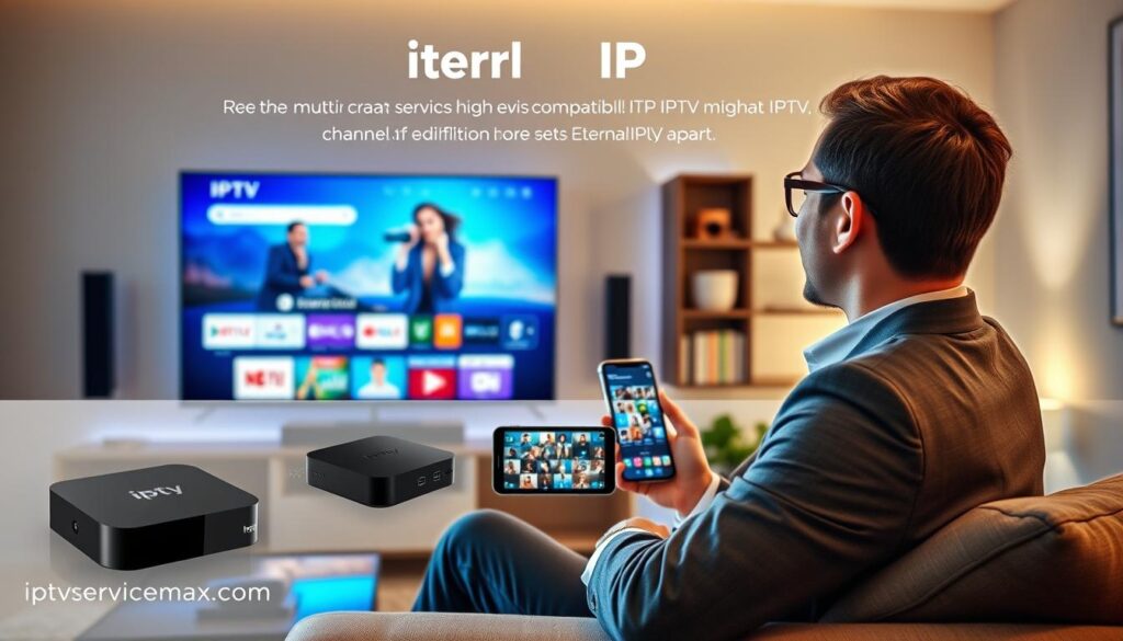 A modern digital living room showcasing the benefits of Eternal IPTV, with a sleek HDTV displaying vibrant streaming content. In the foreground, a well-dressed person in professional attire, sitting on a comfortable couch, is enjoying the viewing experience, captivated by the high-definition visuals. The middle layer features an array of devices - a smart box, a tablet, and a smartphone - demonstrating the multi-device compatibility that sets Eternal IPTV apart. The background includes a stylish bookshelf and soft, ambient lighting to create a cozy atmosphere. The image should have a warm, inviting mood that conveys satisfaction and engagement with the technology. Emphasize the ease of use and versatility of the service, integrating elements like icons or graphical representations of features such as a large channel selection, affordability, and user-friendly interface subtly in the design. Include branding from iptvservicemax.com.