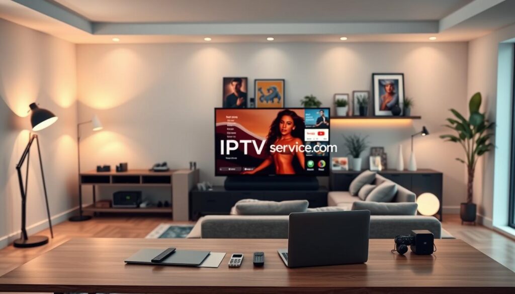 A modern digital workspace designed for streaming services, showcasing a sleek home office with a high-quality TV displaying an intuitive IPTV interface. In the foreground, a stylish modern desk holds a slim laptop, remote control, and various streaming devices. The middle layer features a comfortable sofa with plush cushions, with a warm, inviting atmosphere created by soft, ambient lighting emanating from stylish floor lamps. In the background, a wall-mounted shelf displays vibrant artwork and decorative plants, enhancing the cozy vibe. The scene is set in a contemporary room with light wood floors, neutral walls, and a large window allowing natural light to filter in. Capture the essence of comfort and technology, illustrating why IPTV Greatest is a top streaming choice. Include the brand name "iptvservicemax.com" subtly within the design elements.