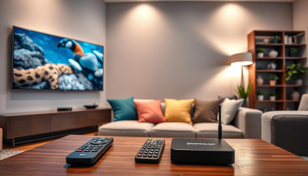 A modern, high-tech living room setup showcasing a large wall-mounted flat-screen TV streaming a vivid image of a nature documentary, symbolizing crisp streaming quality. In the foreground, a sleek remote control rests on a stylish coffee table, alongside a digital device displaying the brand name "iptvservicemax.com". In the middle, a cozy couch features an inviting arrangement of colorful cushions, while soft, ambient lighting from a floor lamp creates a warm atmosphere. The background reveals a contemporary bookshelf with potted plants, enhancing the digital lifestyle vibe. Emphasize a serene and enjoyable viewing experience, showcasing elements like Wi-Fi routers and ultra-high-definition visuals. Ensure the scene is well-lit, with a wide-angle perspective to capture the inviting ambiance of modern streaming entertainment.