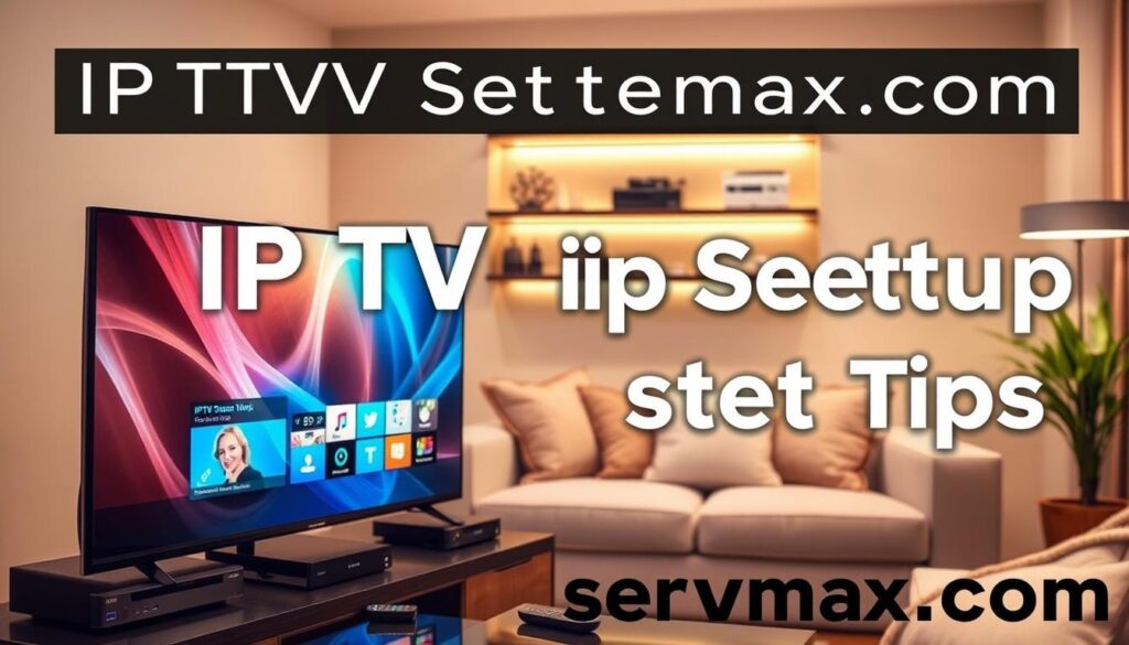 A modern home entertainment space illustrating IPTV setup tips. In the foreground, a sleek, organized entertainment center featuring a flat-screen TV displaying a vibrant IPTV interface, surrounded by streaming devices and a remote control. In the middle background, a comfortable couch with neatly arranged cushions, emphasizing a cozy viewing environment. Soft, warm lighting creates a welcoming atmosphere, complemented by a decorative shelf showcasing tech gadgets. The image is captured from a slightly elevated angle, focusing on the tech setup while maintaining a casual yet professional mood. The setting should evoke a sense of innovation and practicality, with the brand name "iptvservicemax.com" subtly integrated within the design elements, ensuring a cohesive and informative visual without text overlays. A modern home entertainment space illustrating IPTV setup tips. In the foreground, a sleek, organized entertainment center featuring a flat-screen TV displaying a vibrant IPTV interface, surrounded by streaming devices and a remote control. In the middle background, a comfortable couch with neatly arranged cushions, emphasizing a cozy viewing environment. Soft, warm lighting creates a welcoming atmosphere, complemented by a decorative shelf showcasing tech gadgets. The image is captured from a slightly elevated angle, focusing on the tech setup while maintaining a casual yet professional mood. The setting should evoke a sense of innovation and practicality, with the brand name "iptvservicemax.com" subtly integrated within the design elements, ensuring a cohesive and informative visual without text overlays.