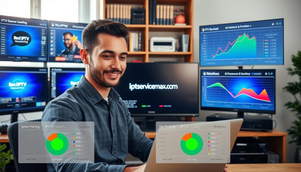 A modern home office setting with multiple screens displaying IPTV provider interfaces, surrounded by charts comparing quality and reliability metrics. In the foreground, a professional-looking individual, dressed in smart casual attire, is focused on analyzing the data on a laptop, with expressions of concentration and enthusiasm. The middle area includes a large monitor featuring the logo of "iptvservicemax.com" prominently, surrounded by visual graphs and statistics that depict streaming quality comparisons among different providers. The background features shelves with tech books and equipment, softly lit by natural light streaming through a window, creating a productive and engaging atmosphere. The overall mood is one of determination and analysis, emphasizing thorough testing and selection of IPTV services.