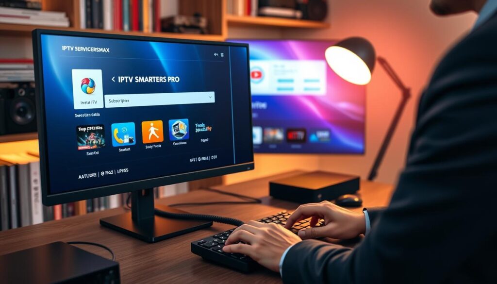 A modern home office setup featuring a sleek computer monitor displaying the IPTV Smarters Pro interface. In the foreground, a person in professional business attire is focused on inputting their IPTV subscription details using a keyboard. The middle ground shows the glowing screen with vibrant colors and visible icons of various streaming options from iptvservicemax.com. The background includes shelves adorned with books and tech gadgets, hinting at a tech-savvy environment. Soft, warm lighting from a desk lamp creates a cozy yet productive atmosphere, while a slight bokeh effect emphasizes the subject in the foreground. This image captures the ease and convenience of setting up an IPTV subscription.