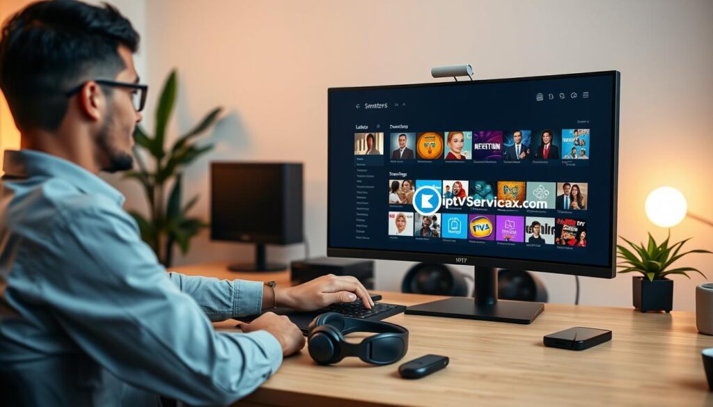 A modern home office setup showcasing an individual optimizing their streaming experience on IPTV Smarters Pro for Windows. In the foreground, a focused young professional in smart casual attire interacts with a sleek laptop displaying the IPTV Smarters Pro interface, highlighting a vibrant streaming content library. The middle ground features a desk adorned with a high-quality monitor, headphones, and streaming accessories, creating a tech-savvy ambiance. In the background, soft ambient lighting casts a warm glow, complemented by minimalist décor and a plant, enhancing the cozy yet productive atmosphere. The overall scene conveys a sense of efficiency and enjoyment in entertainment, with the logo of iptvservicemax.com subtly integrated into the laptop screen.