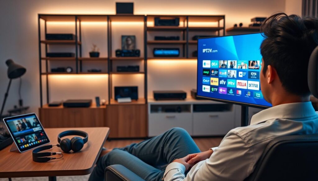 A modern home workspace featuring a sleek laptop streaming IPTV content on its screen. In the foreground, a user in smart casual attire sits comfortably in an ergonomic chair, focused on the vibrant display showcasing a user-friendly IPTV interface. The middle ground includes a stylish desk adorned with high-quality headphones, a tablet, and remote controls, emphasizing the ease of access to various streaming options. The background features a well-organized shelf filled with various streaming devices and a soft, ambient light illuminating the scene, creating a cozy and productive atmosphere. A subtle brand logo "iptvservicemax.com" is integrated into the laptop screen design. The overall mood is informative and engaging, reflecting the significance of understanding IPTV streaming needs and user intent.