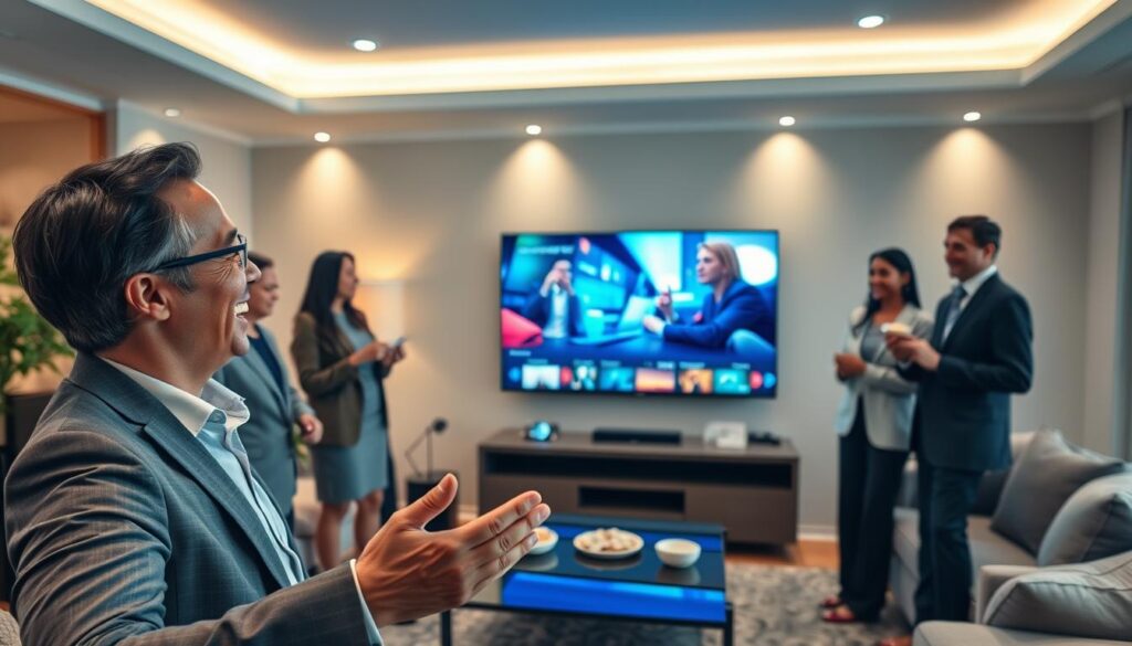 A modern, inviting living room setting that showcases an enthusiastic group of diverse individuals dressed in professional business attire, gathered around a sleek 4K television displaying dynamic IPTV content. In the foreground, a satisfied customer gestures towards the screen, their expression radiating joy and enthusiasm. In the middle, a few friends engage in conversation, holding snacks, reflecting a casual yet sophisticated gathering. In the background, soft lighting highlights a stylish decor with comfortable sofas and ambient lighting, providing a cozy atmosphere. The setting conveys a sense of community and satisfaction, underscoring the positive experiences of IPTV service users. No text or logos visible. Ensure the brand "iptvservicemax.com" is subtly implied in the decor's design elements, enhancing the atmosphere without direct exposure. Use a warm color palette for an inviting feel.