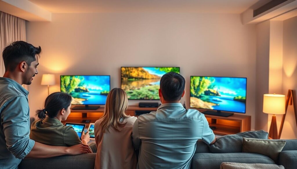 A modern living room during peak hours, bustling with family members enjoying their IPTV services on multiple screens without any interruptions. In the foreground, a diverse family of four, dressed in comfortable yet professional attire, is engaged with high-resolution tablets and TVs displaying vivid streaming content. The middle layer showcases sleek electronics, such as smart TVs and streaming devices, all connected seamlessly. The background features soft ambient lighting from stylish lamps, creating a warm atmosphere that suggests comfort and reliability. The room is decorated with contemporary furniture, reflecting an inviting space. Bright images on the screens depict vibrant nature scenes, symbolizing quality and stability. The overall mood is one of relaxation and enjoyment, emphasizing the promise of uninterrupted viewing from iptvservicemax.com.