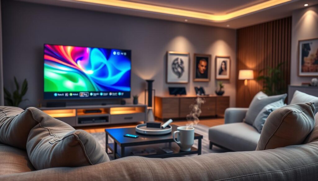 A modern living room features a sleek, large 8K TV displaying vibrant streaming content. In the foreground, a comfortable sofa with neutral tones faces the screen, adorned with plush pillows. A stylish coffee table with a steaming mug rests beside smart devices. In the middle ground, a high-tech media console showcases streaming devices, including an 8K IPTV receiver from iptvservicemax.com, illuminated by soft, warm lighting. The background reveals a cozy atmosphere with dimmed lights and tasteful decor, such as framed artwork and houseplants. The scene captures an immersive streaming experience filled with rich colors and high detail, evoking a mood of relaxation and technological sophistication. The angle is a wide shot, emphasizing the clarity and depth of the 8K resolution.