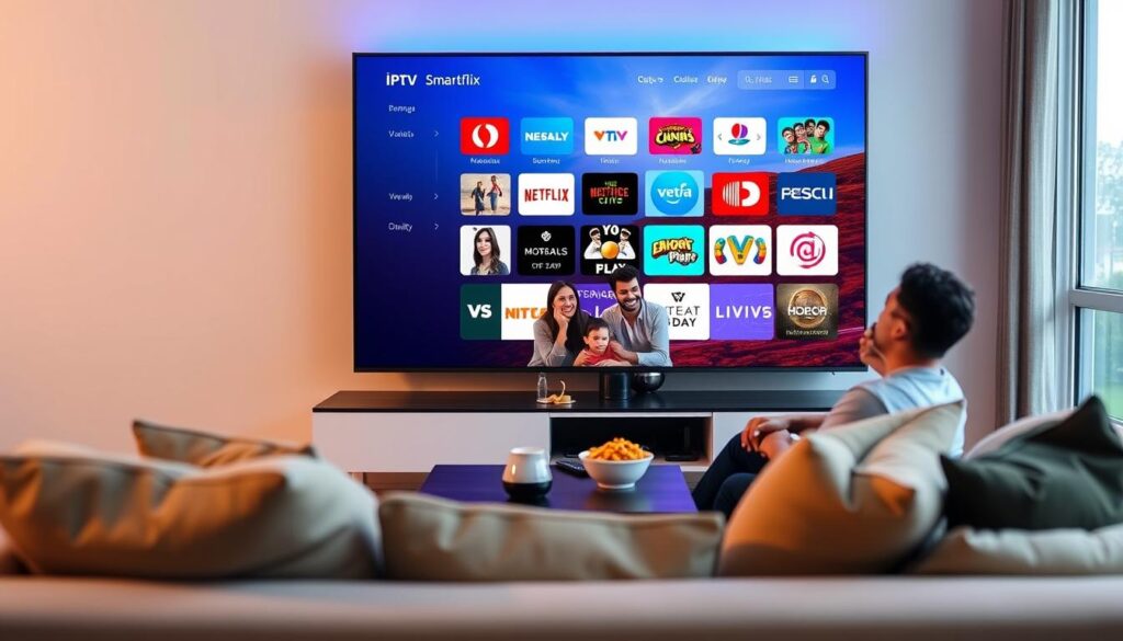 A modern living room featuring a large flat-screen TV displaying a vibrant Smartiflix IPTV interface, showcasing high-definition streaming quality. In the foreground, a comfortable couch with stylish cushions, accompanied by a coffee table with snacks and a remote control. The middle layer includes a family sitting together, dressed in casual but neat clothing, enjoying their viewing experience with smiles on their faces. The background highlights a well-lit room with soft, warm lighting, and a window revealing a serene outdoor view, creating a cozy atmosphere. Use a slightly elevated angle to capture the lively interaction and the quality of the on-screen content, ensuring an inviting and reliable streaming setting. Include subtle branding for "iptvservicemax.com" in a non-intrusive manner.