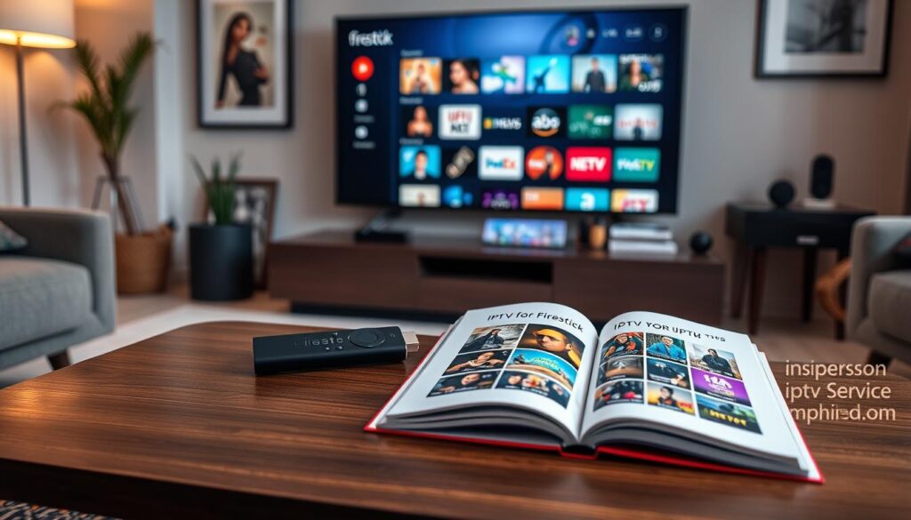 A modern living room featuring a sleek TV setup with an Amazon Firestick prominently displayed. In the foreground, a stylish coffee table holds an open guidebook titled "IPTV for Firestick", showing colorful screenshots of various IPTV services. The middle section includes a user-friendly interface on the TV screen, with vibrant thumbnails representing top IPTV subscriptions for 2026. The background shows a cozy ambiance with soft, warm lighting and neutral-toned furnishings. The scene is designed to evoke a sense of comfort and sophistication, ideal for enjoying top-tier streaming services. Include subtle branding elements, inspired by iptvservicemax.com, cleverly integrated into the décor. The atmosphere is inviting and informative, suitable for tech enthusiasts.